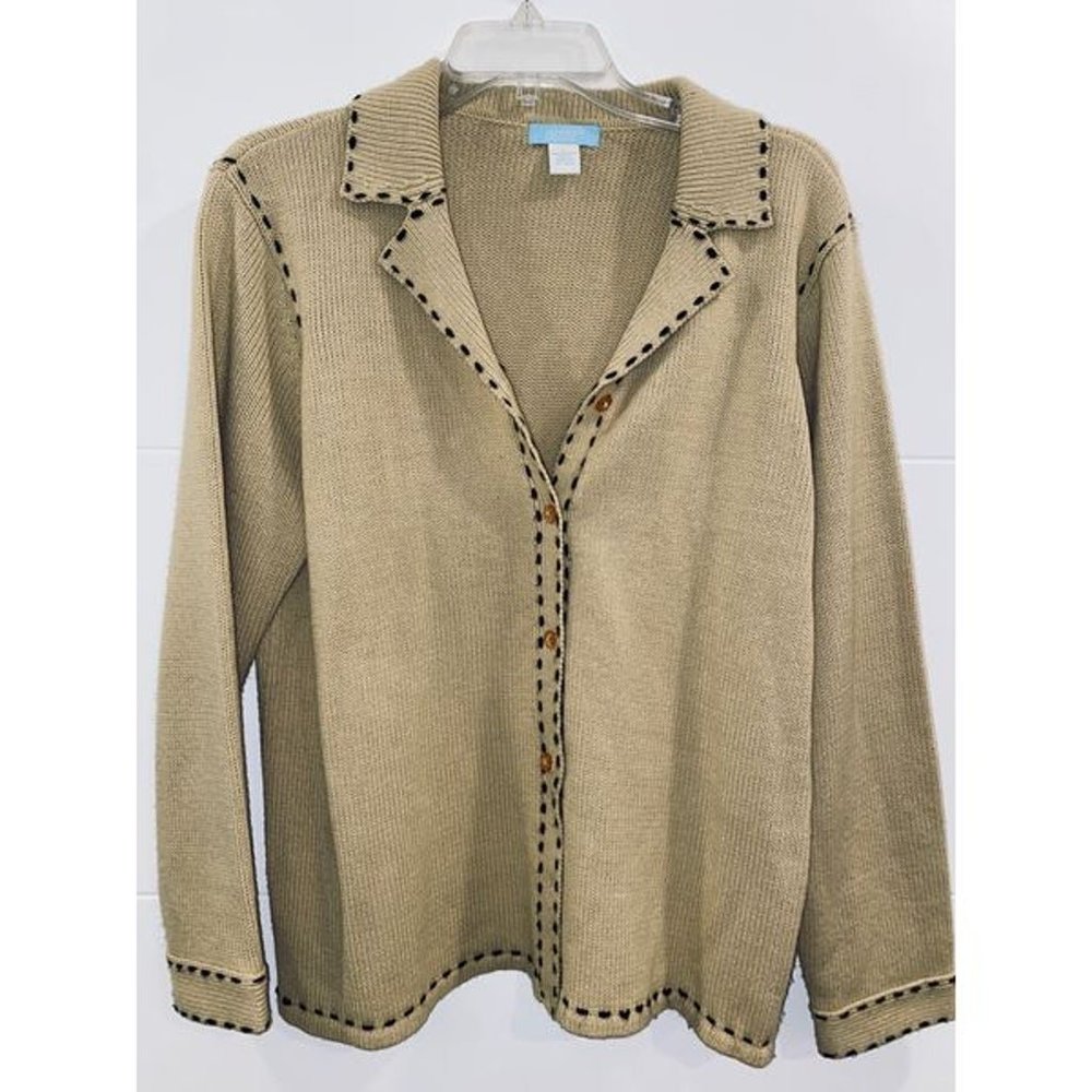 Vintage Jennifer Moore Tan & Brown Stitch Collared Sweater LRG